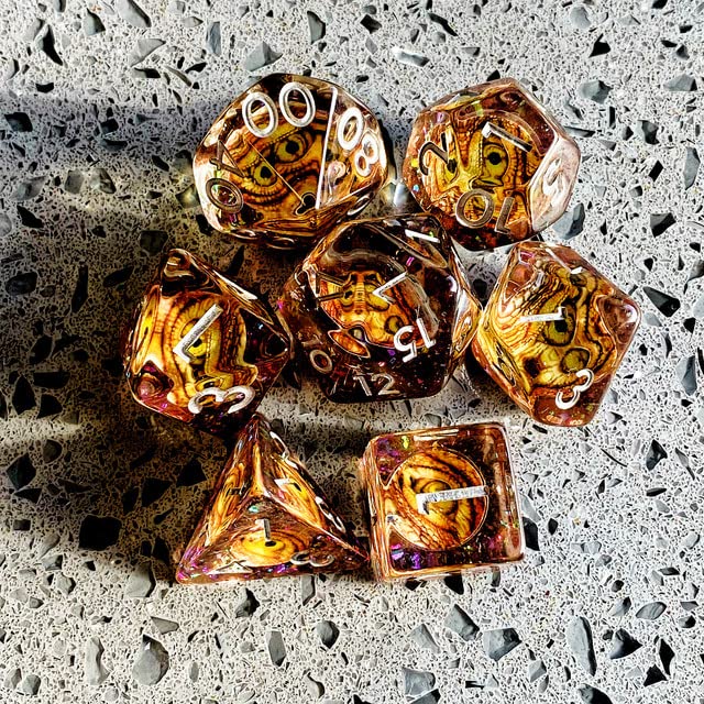 Sage's Portal Animal Familiars Resin DND Dice Set Polyhedral Dice Set for Dungeons and Dragons RPG Pathfinder Tabletop TTRPG (Bottled Gold Dragon Eyes) - color: Bottled Gold Dragon Eyes