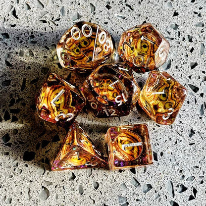 Sage's Portal Animal Familiars Resin DND Dice Set Polyhedral Dice Set for Dungeons and Dragons RPG Pathfinder Tabletop TTRPG (Bottled Gold Dragon Eyes) - color: Bottled Gold Dragon Eyes