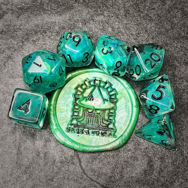 Sage’s Portal Cantrips DND Dice Set - Round Edge Resin 7-PC Polyhedral DND Dice Set for Dungeons and Dragons D&D RPG Tabletop TTRPG (Teal Flakes) - color: Teal Flakes