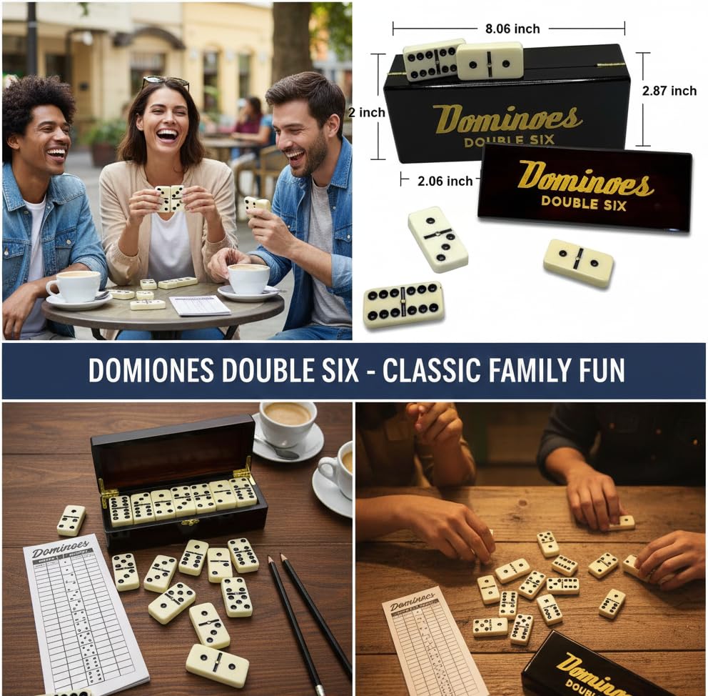PRK 14 Double Six Dominoes Gift Set – 28 Tiles with Spinners in Premium Wooden Storage Box – Classic Domino Set for Adults with Score Pad – Family Night & Collector Edition