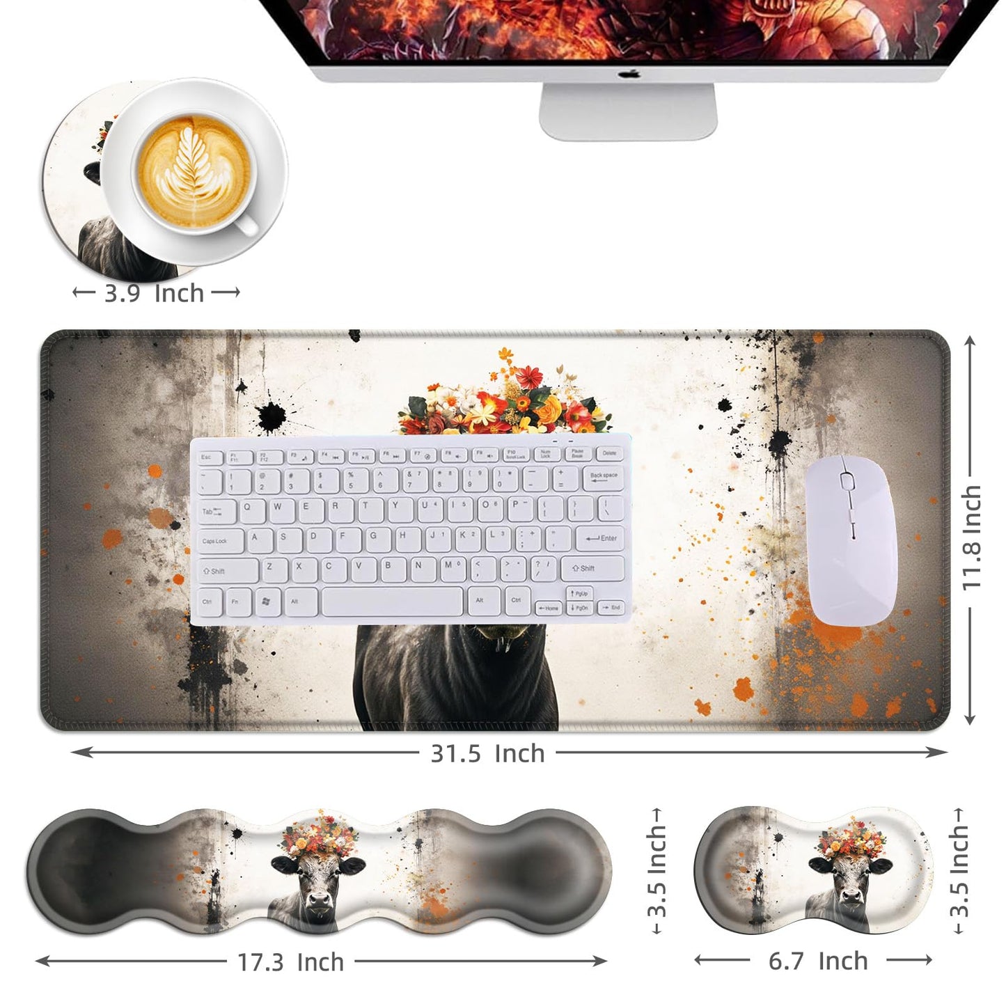 Mouse Pad,Large Desk Mat Set, 4in1 XL Mousepad + Keyboard Wrist Rest+Mouse Wrist Rest+Coaster with Ergonomic Desk Pad for Home Office Table Computer Cover -Floral Highland Cow - color: Floral Highland Cow