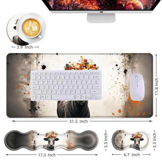 Mouse Pad,Large Desk Mat Set, 4in1 XL Mousepad + Keyboard Wrist Rest+Mouse Wrist Rest+Coaster with Ergonomic Desk Pad for Home Office Table Computer Cover -Floral Highland Cow - color: Floral Highland Cow