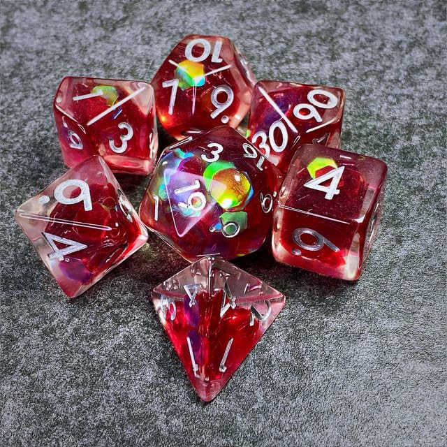 Sage’s Portal Cantrips DND Dice Set - Round Edge Resin 7-PC Polyhedral DND Dice Set for Dungeons and Dragons D&D RPG Tabletop TTRPG (Red Holo Flakes) - color: Red Holo Flakes