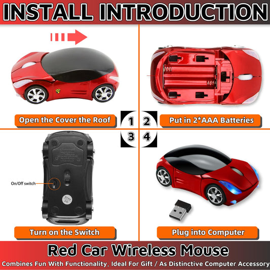 Cute Mouse Wireless Red，Car Mouse 1600DPI 2.4G with USB Reciver for Computer Wireless Computer Mouse Wireless USB Wireless Mouse for Windows for Mac OS for Laptop Computer Tablet（Red） - color: RED