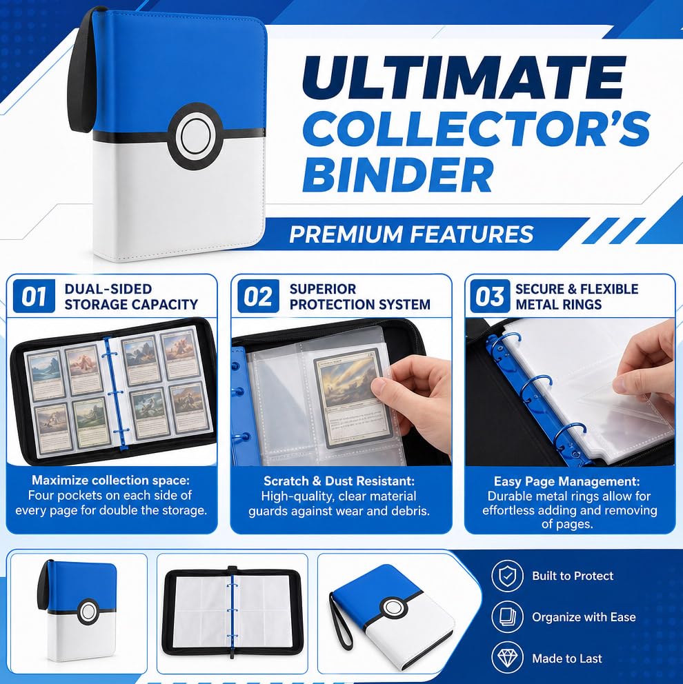 Card Binder 4 Pocket, Trading Card Holder Album Book, 50 Removable Sleeves Hold 400 Cards, PU Leather Zipper Portable Game Collection Card Case Ideal Gift (Blue) - color: Blue, size: Medium