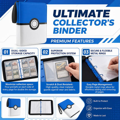 Card Binder 4 Pocket, Trading Card Holder Album Book, 50 Removable Sleeves Hold 400 Cards, PU Leather Zipper Portable Game Collection Card Case Ideal Gift (Blue) - color: Blue, size: Medium