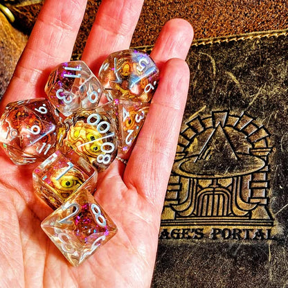 Sage's Portal Animal Familiars Resin DND Dice Set Polyhedral Dice Set for Dungeons and Dragons RPG Pathfinder Tabletop TTRPG (Bottled Gold Dragon Eyes) - color: Bottled Gold Dragon Eyes