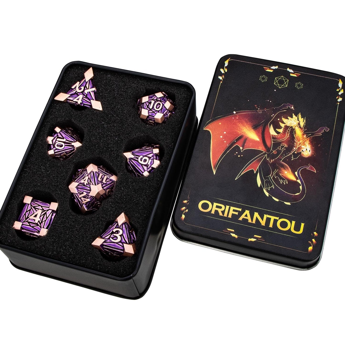 7PCS Metal DND Dice Set with Box, Debris RPG Purple D and D Dice for use with D&D Tabletop Games Role Playing Game Polyhedral Dice Set D20 D12 D10 D8 D6 D4 - color: Copper Purple