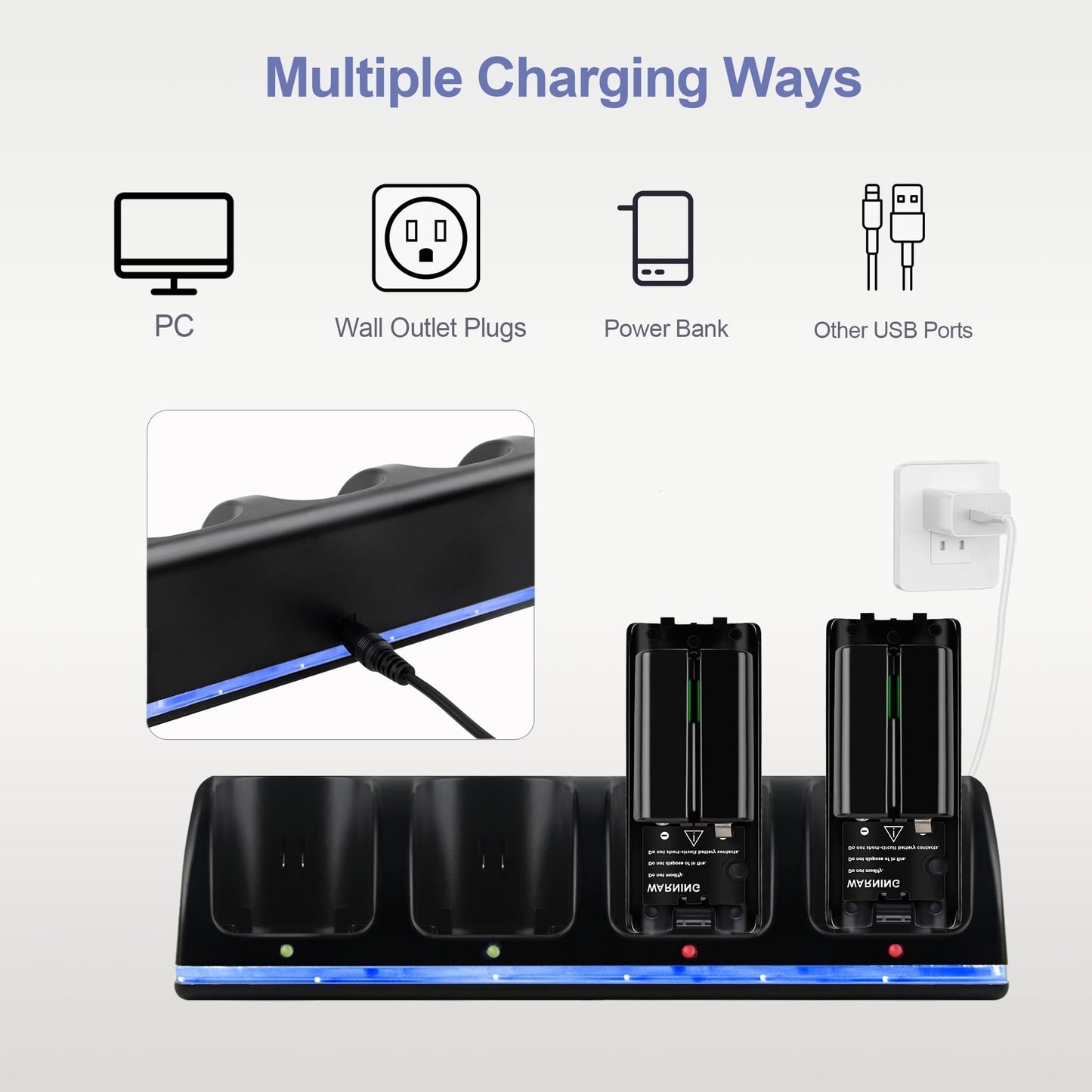 4 in 1 Wii Remote Charger,Charging Station with 4 Pack 2800mAh Rechargeable Battery,Plugs,USB Cable for Wii/Wii U Remote Controller (Black) - color: Black