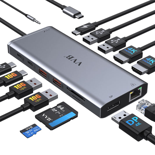 USB C Laptop Docking Station Dual Monitor HDMI for Dell/Lenovo/HP Laptop 14 in 1 USB C Hub Multiport Adapter Dongle Dock USB C to 2 HDMI 4K+DisplayPort+Ethernet+4USB+2USB C+100W PD Charger+SD/TF+Audio - color: Gray