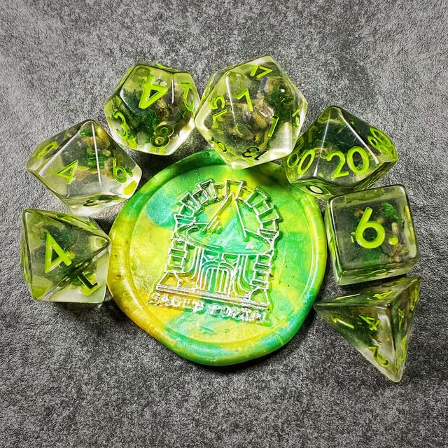 Sage’s Portal Cantrips DND Dice Set - Round Edge Resin 7-PC Polyhedral DND Dice Set for Dungeons and Dragons D&D RPG Tabletop TTRPG (Green Moss) - color: Green Moss
