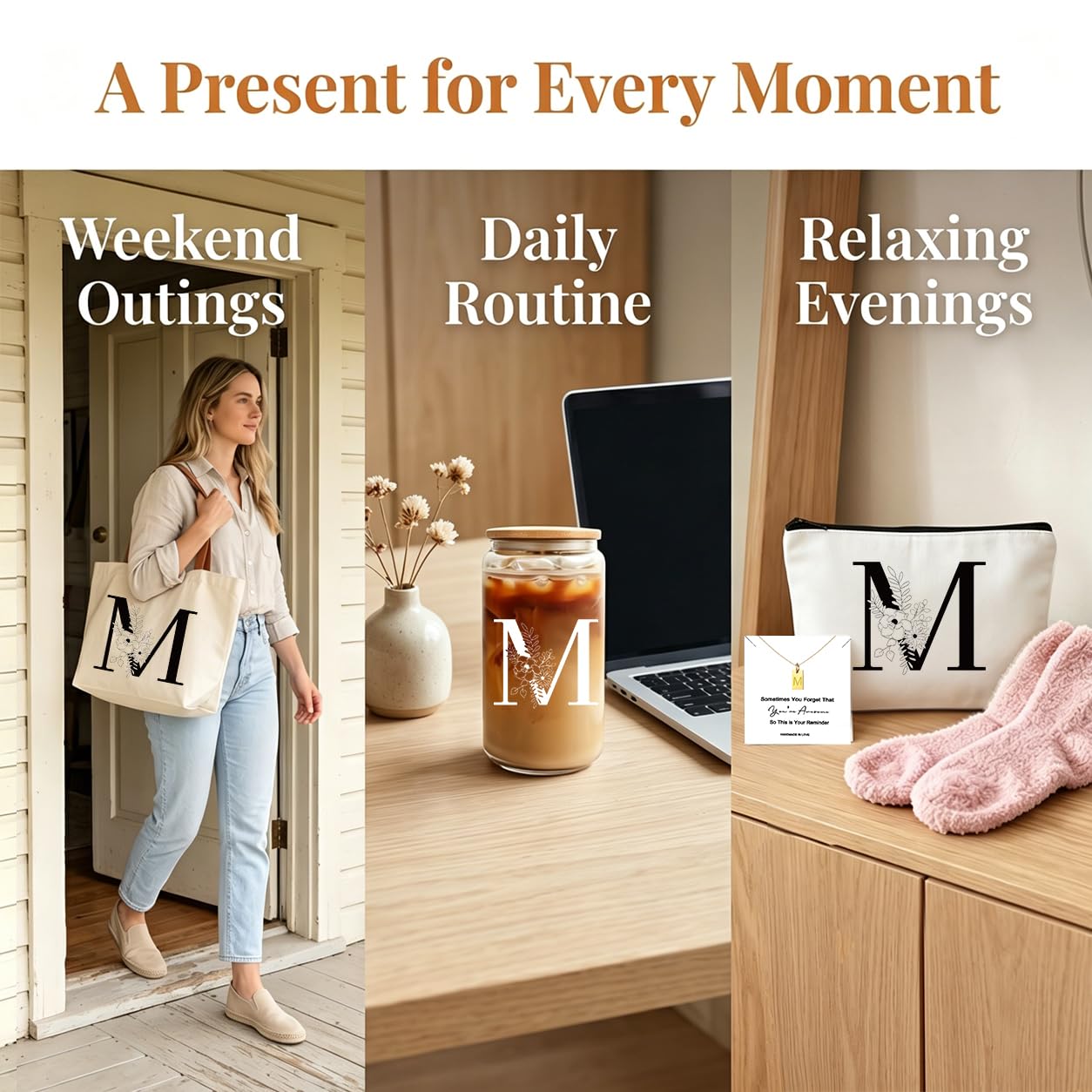 DHQH Birthday Gifts for Women, Monogrammed Gifts Box Included 16 oz Initial Glass Drinking Cup,Canvas Tote Bag, Personalized Iced Coffee Tumbler Gift for Women Her Mom Teacher Friends Sister, M - color: letter-cup-m