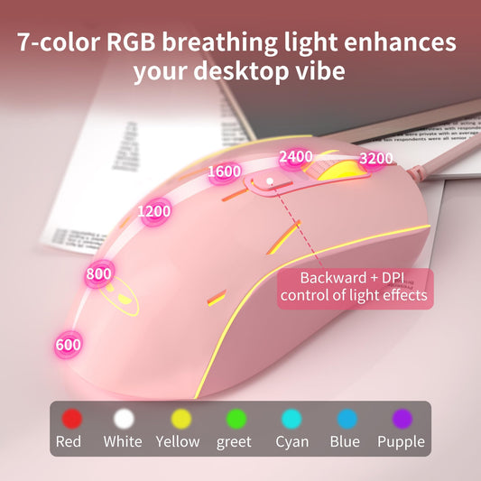 Camiysn Wire Gaming Keyboard, 7 Colorful Rainbow Backlight Classic Gaming Keyboard (Pink-Set) - color: Pink-Set