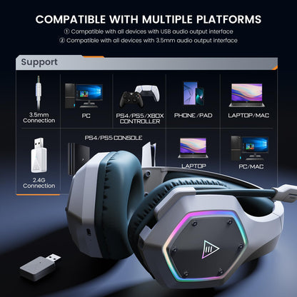 EKSA E1000WT Wireless Gaming Headset,2.4GHz USB Gaming Headphones with Microphone for PC, PS5, PS4, Nintendo Switch, 7.1 Surround Sound Headset, RGB Light, Ergonomic Design for Birthday Gift