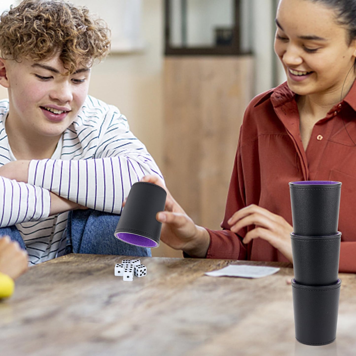 Felt-Lined PU Leather Dice Cup Set, 6 Quiet Dice Shaker Cups with 36 Dices for Bar Party Yahtzee Farkle Dice Games, Purple - color: Purple