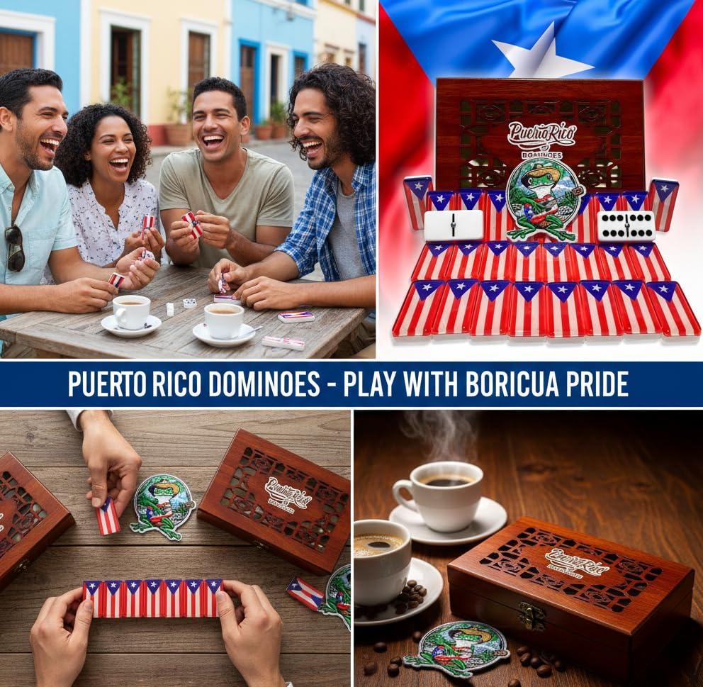 PRK 14 Premium Edition Puerto Rican Dominoes Set Deluxe – Double Six Domino Adult Tiles with Puerto Rico Flag Design – Resin & Clear Top Acrylic – Classic Artisan Wooden Storage Case Included