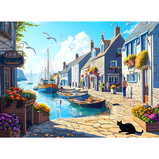 500 Piece Puzzle for Adults, Charming Coastal Village 500 Pieces Jigsaw Puzzles, Seaside Harbor with Cat Puzzle, Perfect for Family Game Night, Ideal Gift for Adults Seniors, 20.5 x 15 in - style: Town