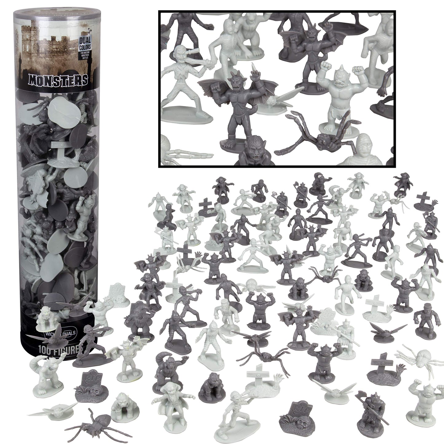Monster Action Figure Set- 100pc Horror Toy Figure - from Dracula to Frankenstein to Giant Spiders- Perfect for Cake Toppers, Party Favors, Decorations, RPG Role Playing Games - Fully Paintable | Includes Dracula, Frankenstein, Giant Spiders & More- Hallo