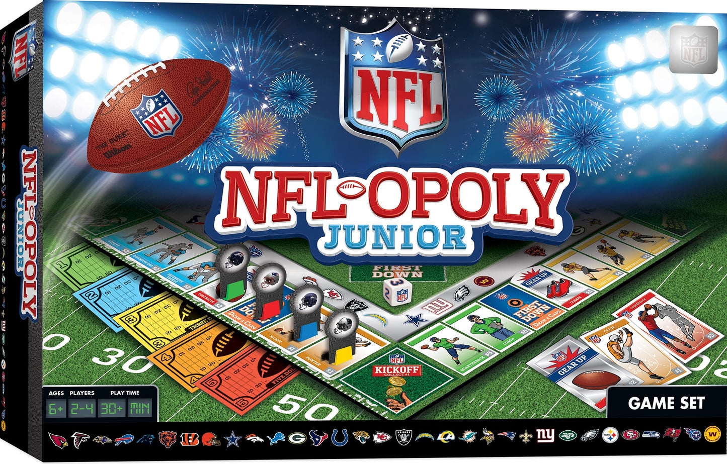 MasterPieces NFL Opoly 주니어 보드 게임 | 만 8세 이상 아동용 축구 게임 | 32개 팀, 맞춤형 스티커, 축구 탁상 놀이, 무역 및 게임 나이트 재미가 있는 어린이 및 가족을 위한 공식 NFL 보드 게임 - style: NFL